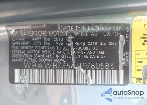 2007 BMW 335I z USA, uszkodzony, nr VIN WBAWB73567PV80583